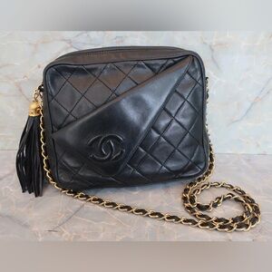 Authentic CHANEL 1990s vintage camera tassel bag 24k gold hardware RARE